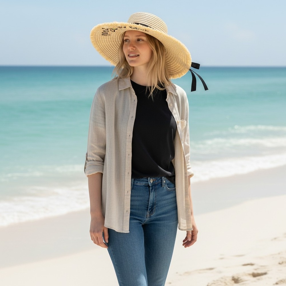 S&S Life is Good Embroidered Straw Sun Hat Wide Brim Frayed Edge Beige Ribbon